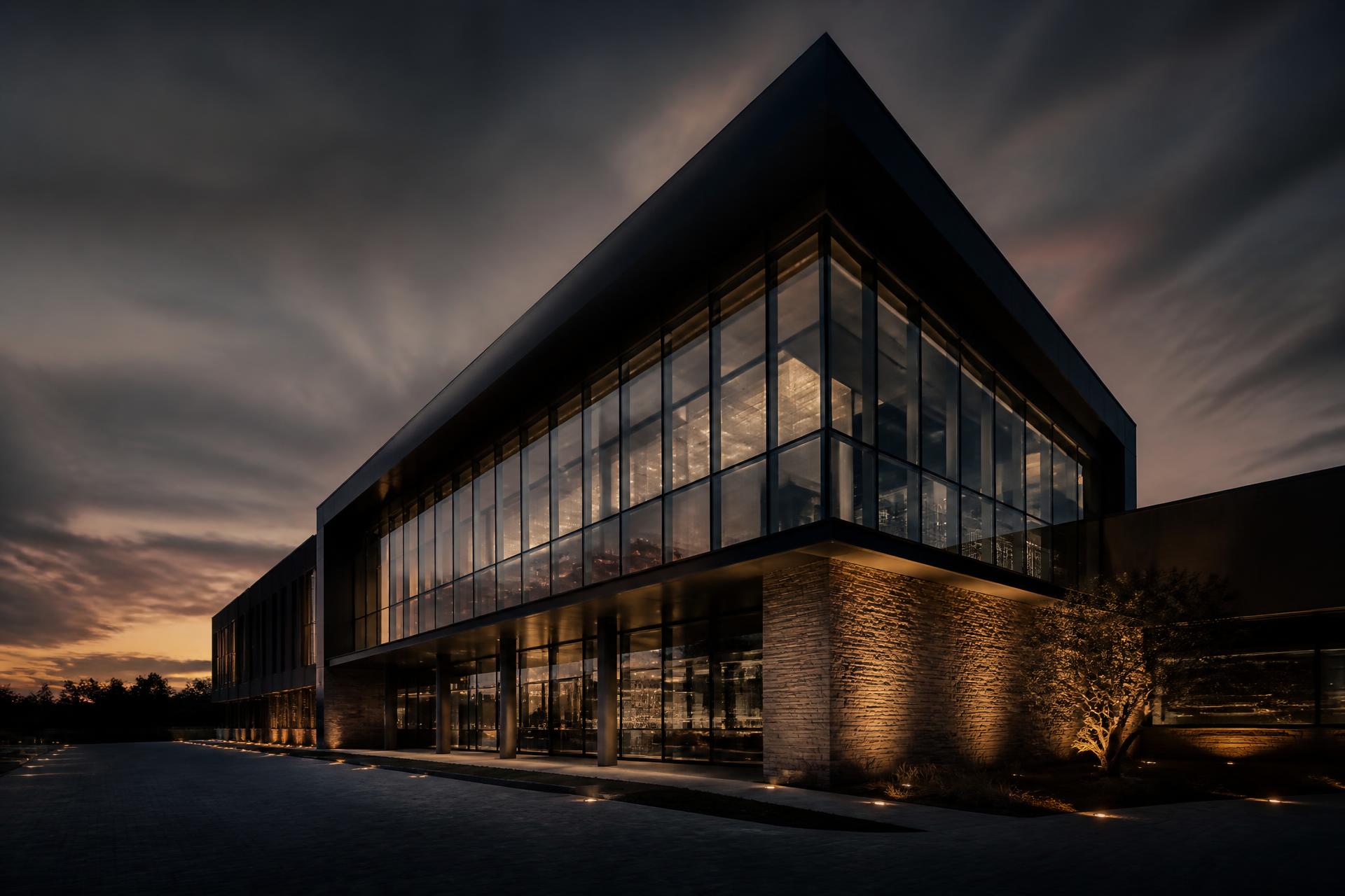 Modern commercial building at dusk built by H&M ProServ Group LLC